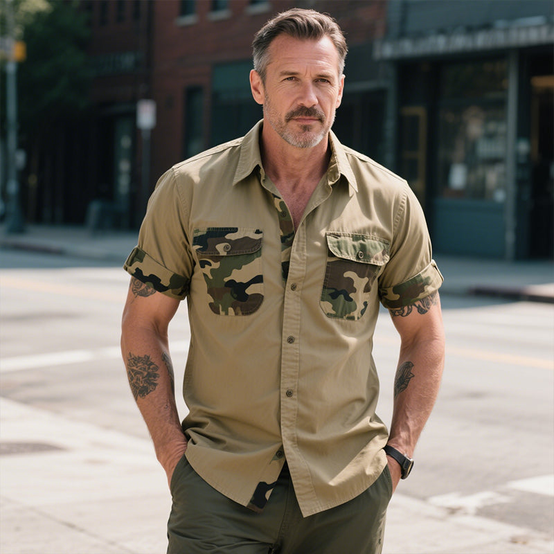 Men's Retro Casual Outdoor Camouflage Stitching Cotton Lapel Short Sleeve Shirt MTA1477E5TO