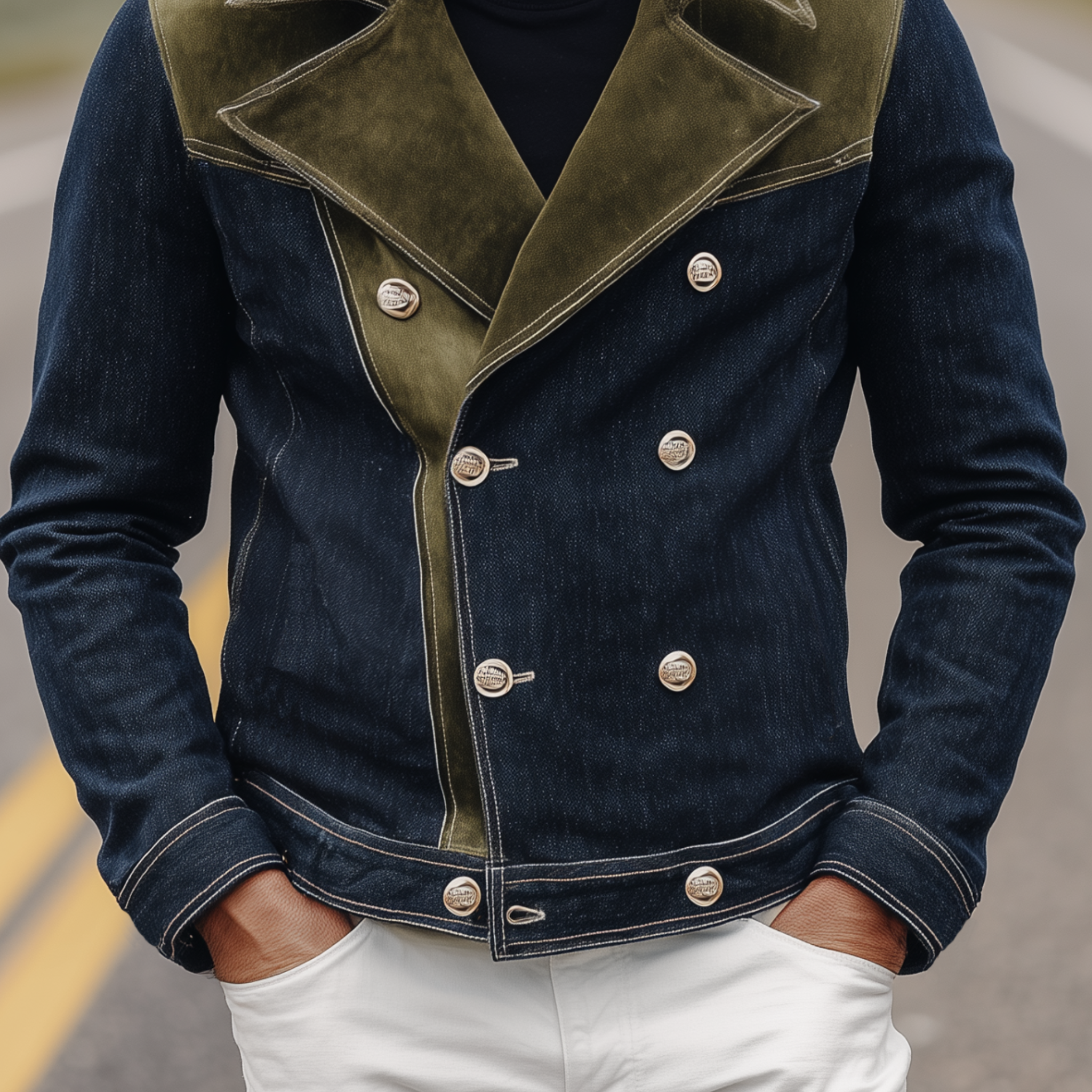 Men's Classic Western Vintage Suede And Denim Lapel Double-Breasted Jacket MTA0319I0K