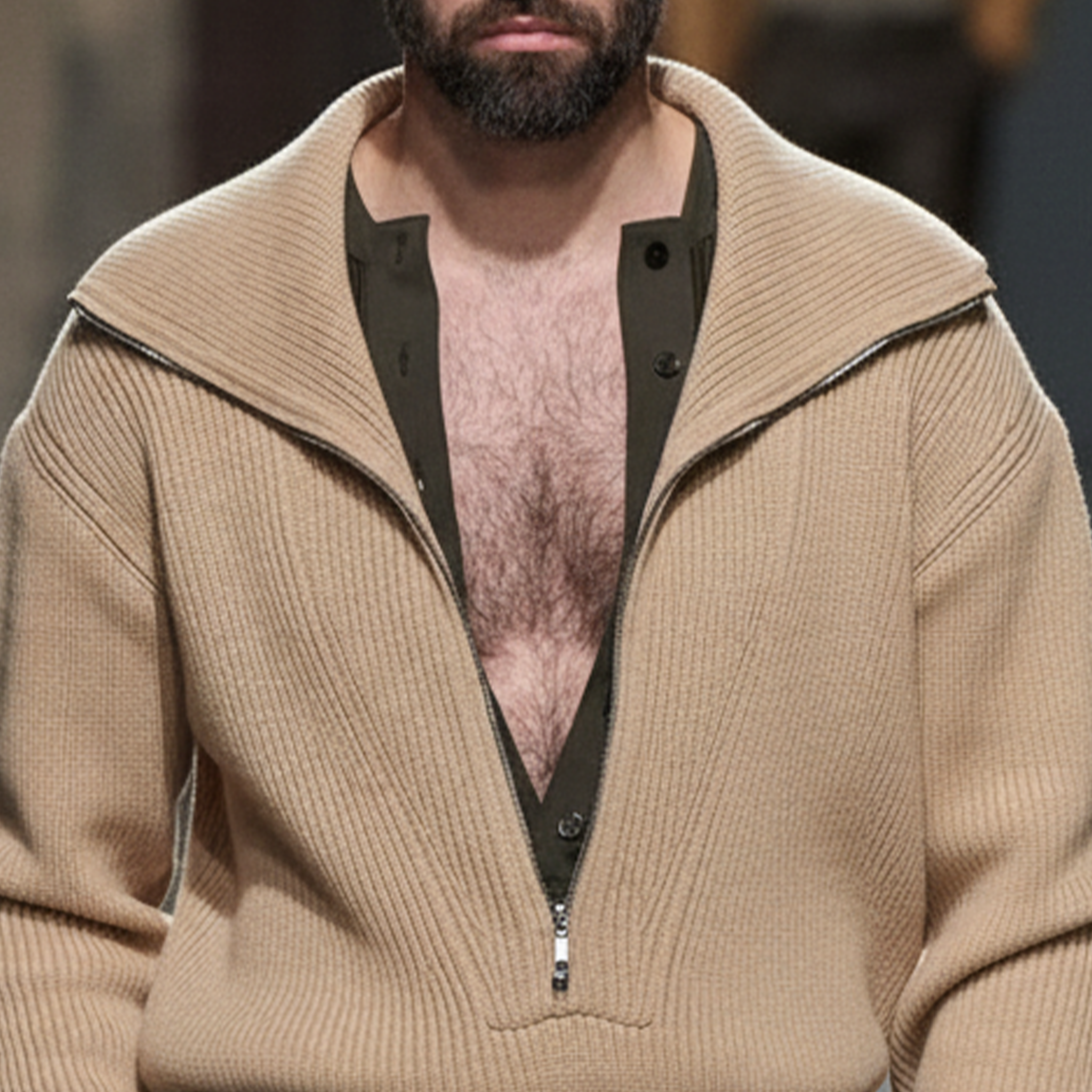 Men's Classic Retro Deep V-neck Zip-up Sweater MTA2811K5K