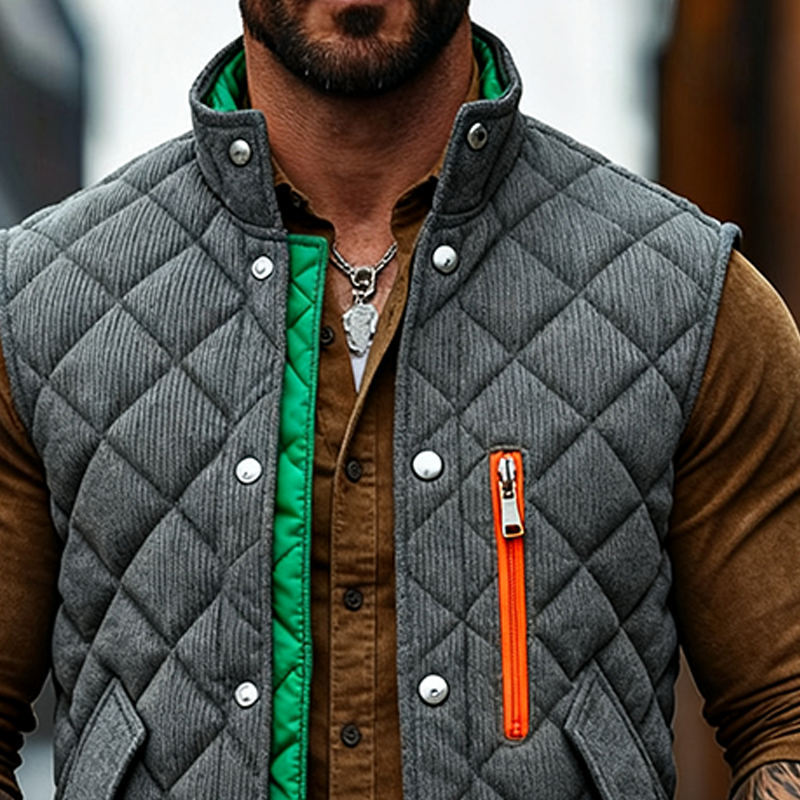 Men's Corduroy Quilted Color-Blocked Stand Collar Zipper Vest MTA2940J7X