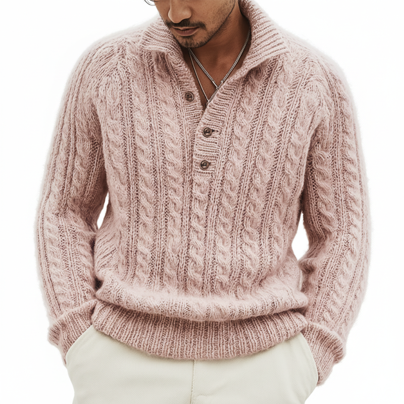 Men's Urban Cable Jacquard Three-Button Polo Collar Knit Sweater MTA2870K6U