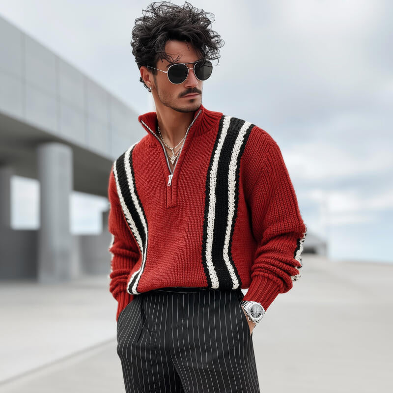 Men's Vintage Contrast Striped Breathable Knit Zipper Stand Collar Loose Pullover Sweater MTA2841H3M