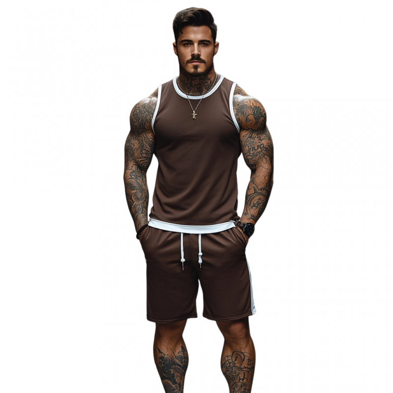 Men's Casual Breathable Cotton Colorblock Round Neck Tank Top Elastic Waist Shorts Sports Set MTA2661E6M