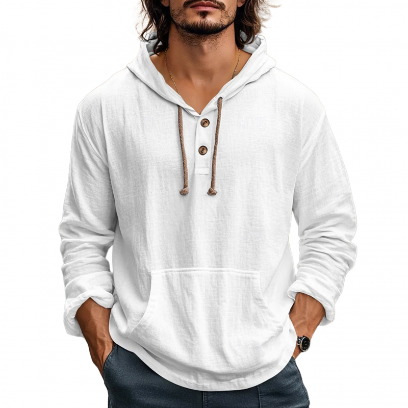 Men's Casual Solid Color Breathable Cotton Kangaroo Pocket Loose Long Sleeve Hoodie MTA2162G1M