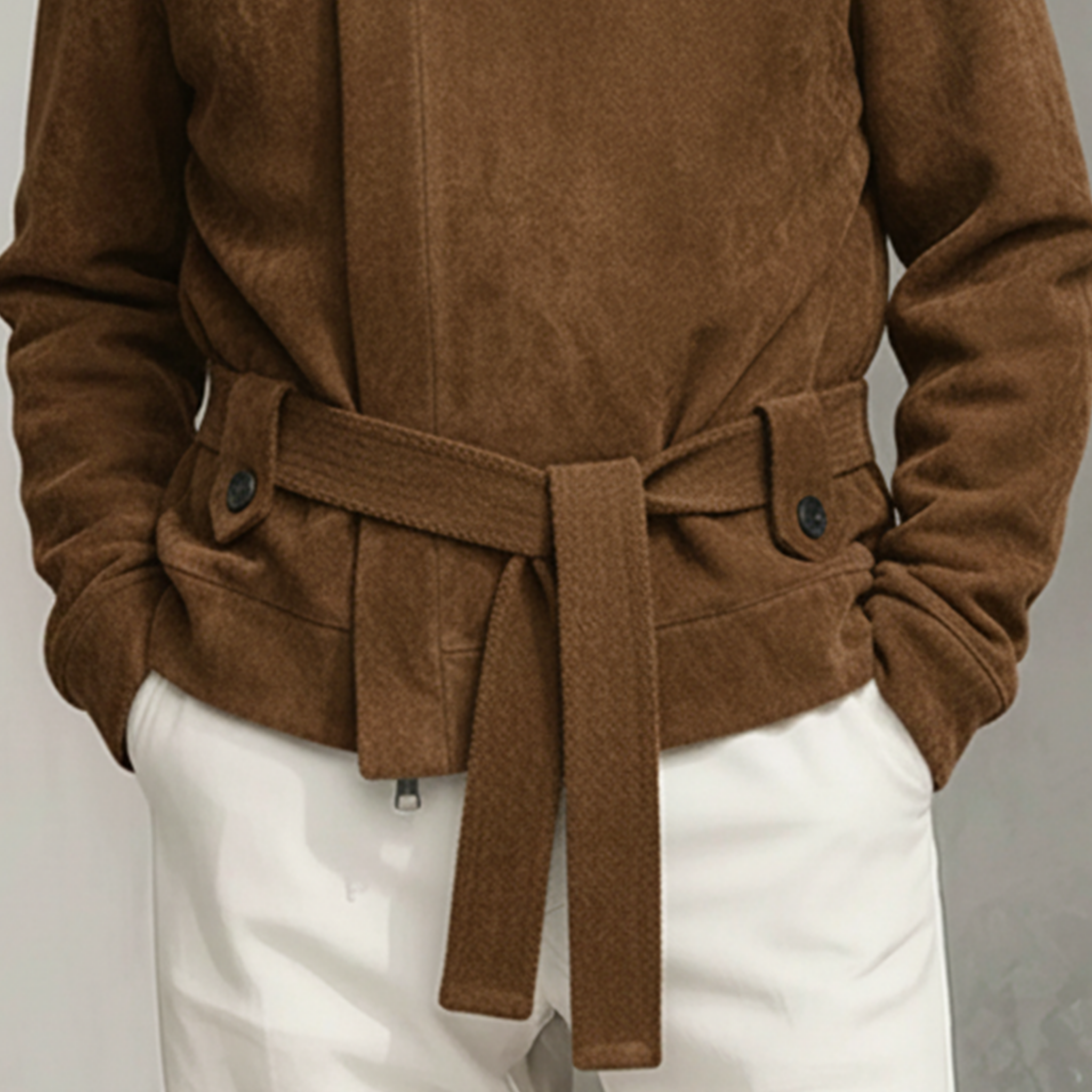 Men's Classic Retro Stand-up Collar Zip-up Slanted Placket Faux Suede Jacket (including Belt) MTA2590K9K