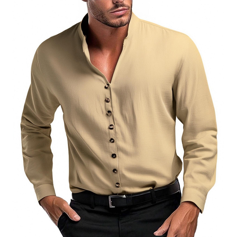 Men's Cotton Stand Collar Single Breasted Long Sleeve Shirt MTA0463G1X