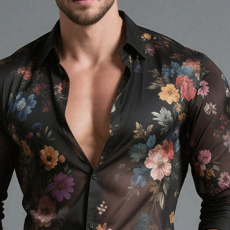Men's Floral Print Chiffon Lapel Long Sleeve Shirt MTA2124G7Z