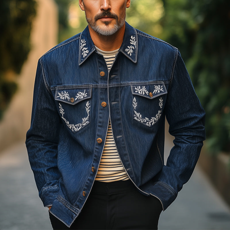 Herreskjorte med sølvfarget vintage-broderi og langermet denim MTA2213E9U