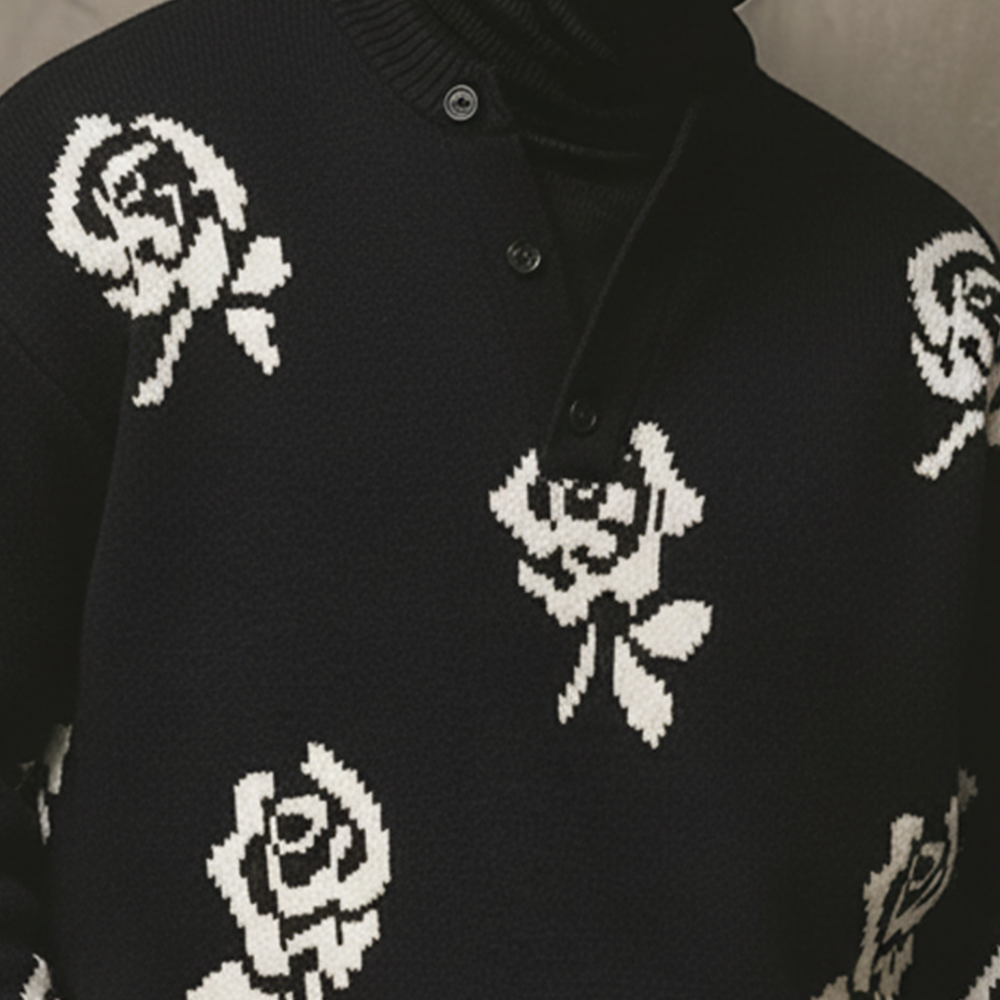 Men's Classic Old-money Style Henley Collar Rose Jacquard Loose Sweater MTA0642K3K