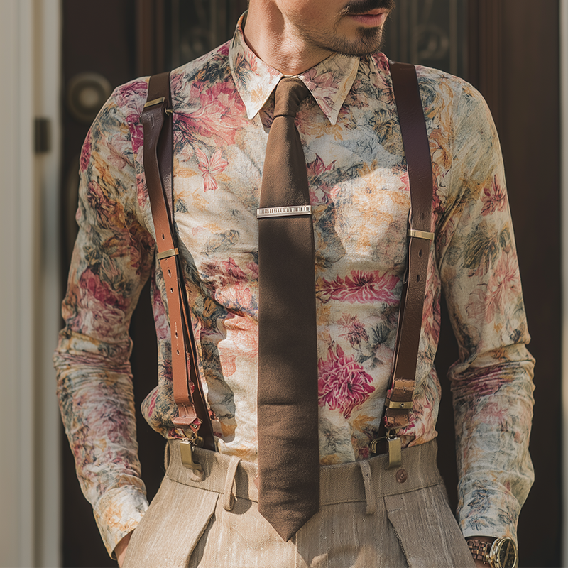 Men's Retro Casual Large Floral Print Lapel Long Sleeve Shirt MTA3192G0TO