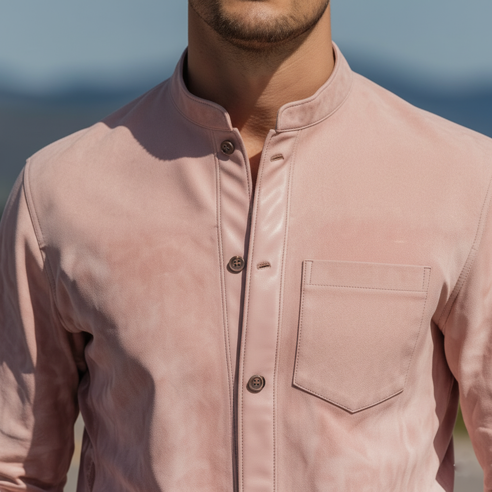 Men's Classic Vintage PU Leather Placket Stand-collar Pink Suede Long-sleeved Shirt MTA2999L6K