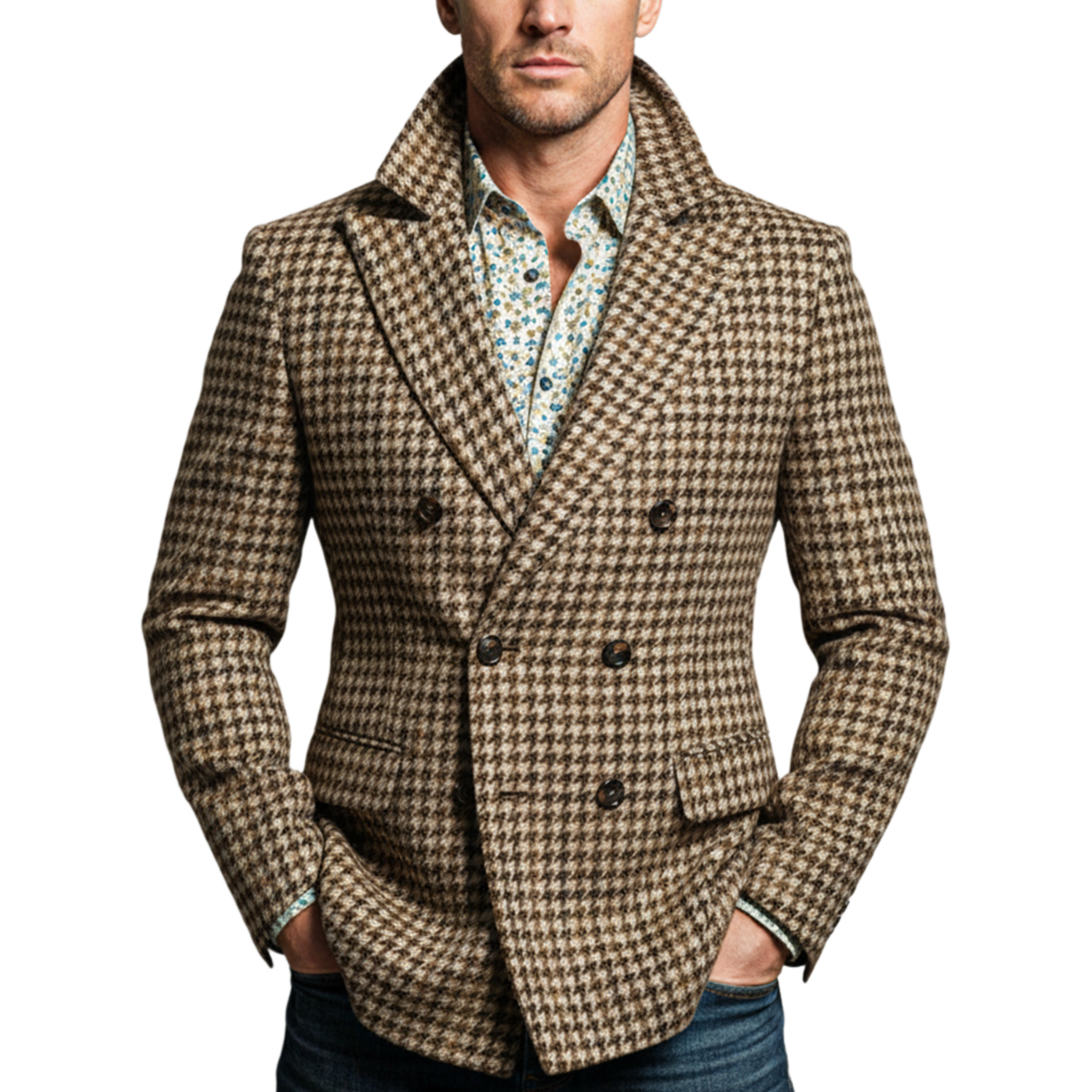 Men's Classic Retro Double-breasted Slim-fit Houndstooth Faux Wool Suit Coat MTA2309I1K