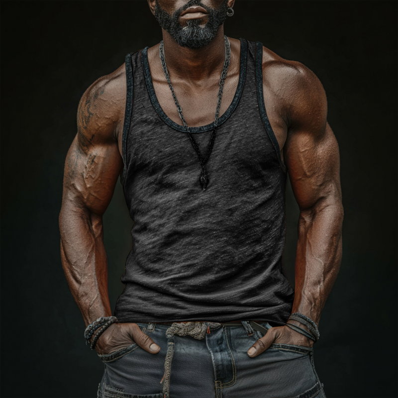 Men's Casual Breathable Skin-friendly Cotton U-neck Patch Pocket Slim Tank Top MTA0746G0M