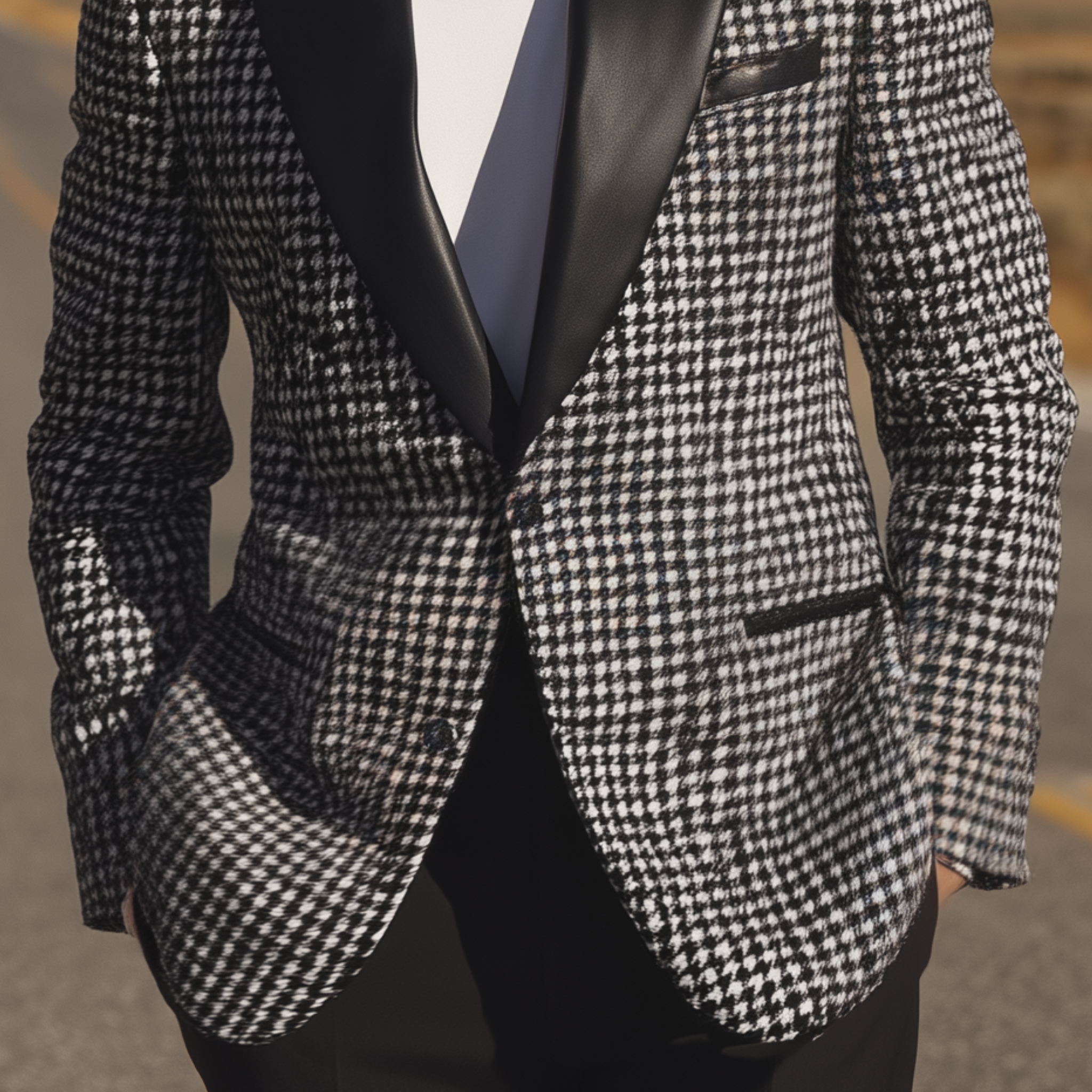 Men's Classic Casual And Light Business PU Leather Collar Single-breasted Houndstooth Slim-fit Blazer MTA0907I3K