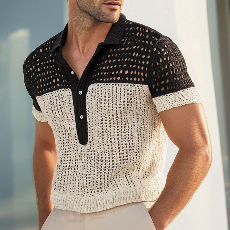 Men's Summer Breathable Mesh Colorblock Knitted Short Sleeve T-Shirt MTA1452E0U