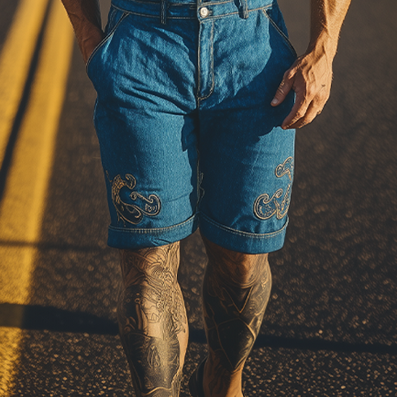 Men's Summer Fashion Retro Western Cowboy Style Pocket Embroidery Jumpsuit MTA1724D1K