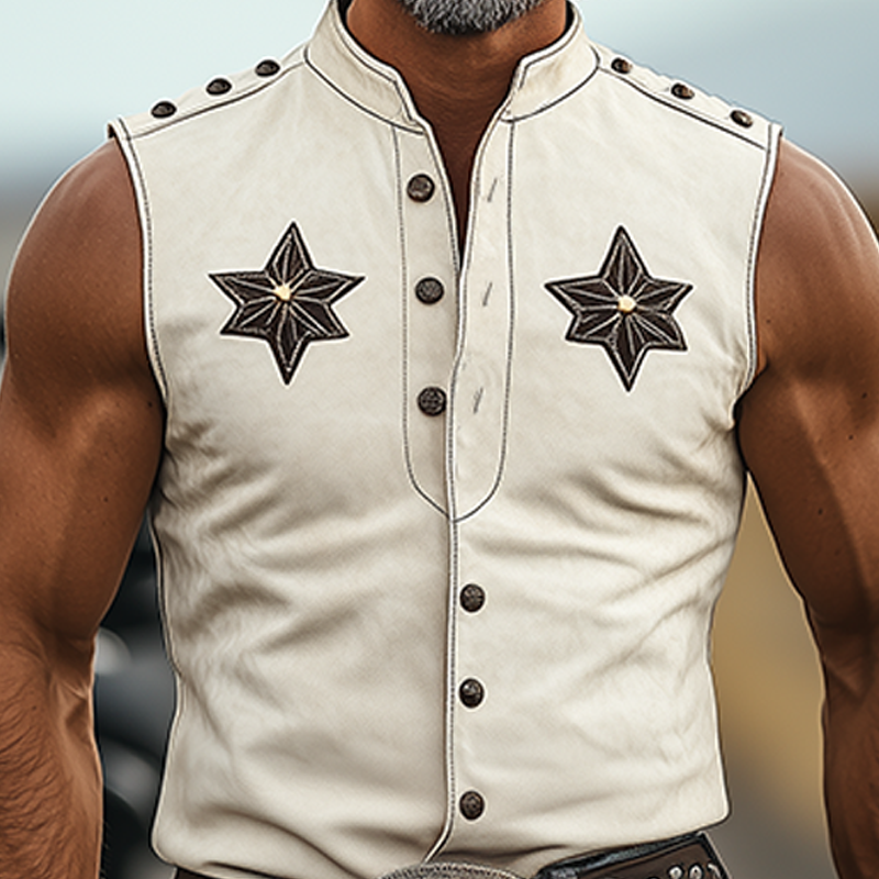 Men's Spring And Summer Fashion Retro American Western Tough Guy Style Thin Suede Decorative Rivet Slim Fit Sleeveless Shirt MTA1373F9K