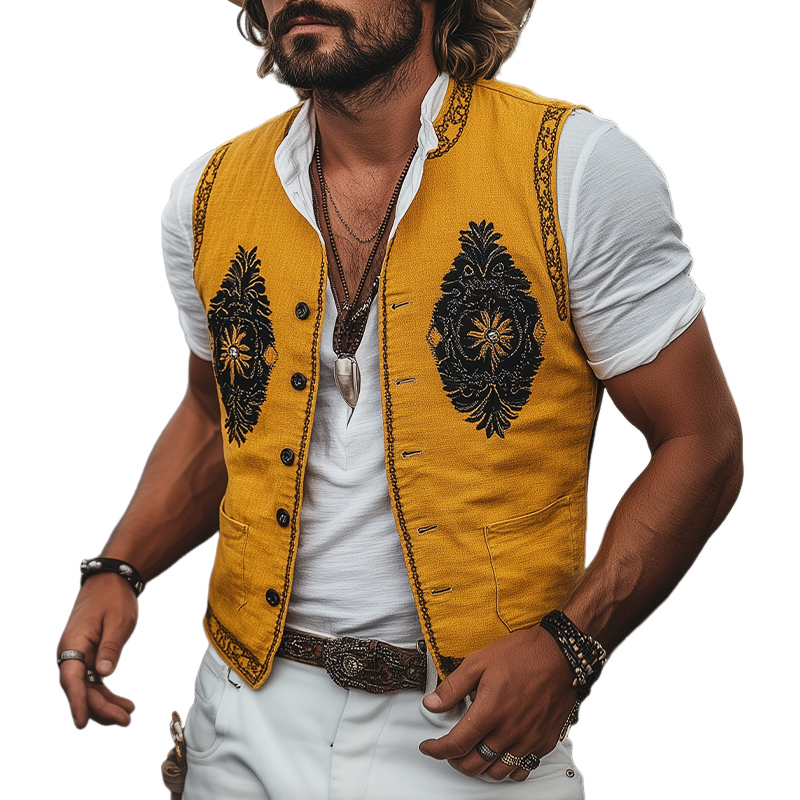 Men's Spring And Summer Casual American Retro Western Style Cotton And Linen Embroidered Vest MTA1643F1K