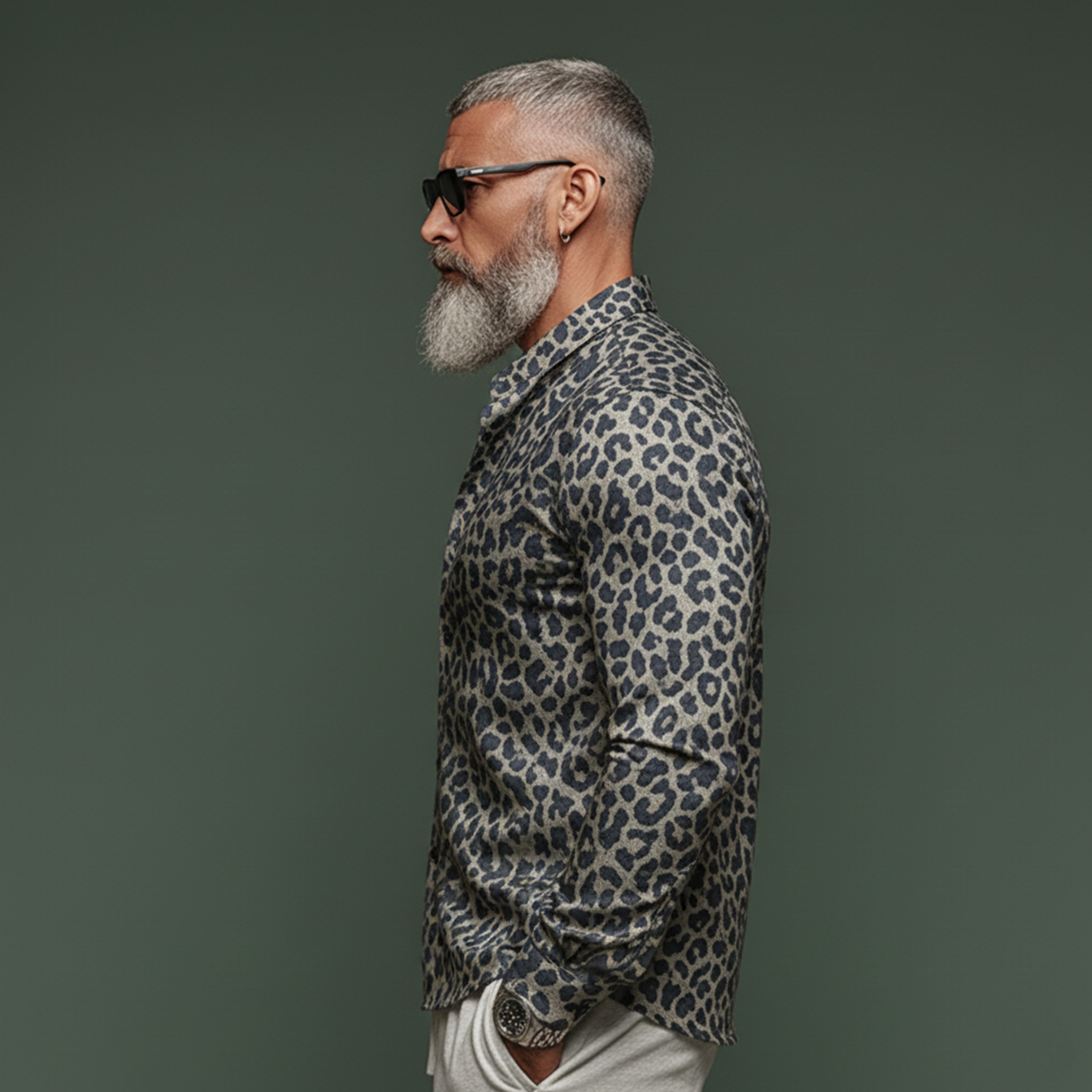 Men's Classic Casual Rugged Denim Jacquard Leopard Print Long-sleeved Shirt MTA3061K4K