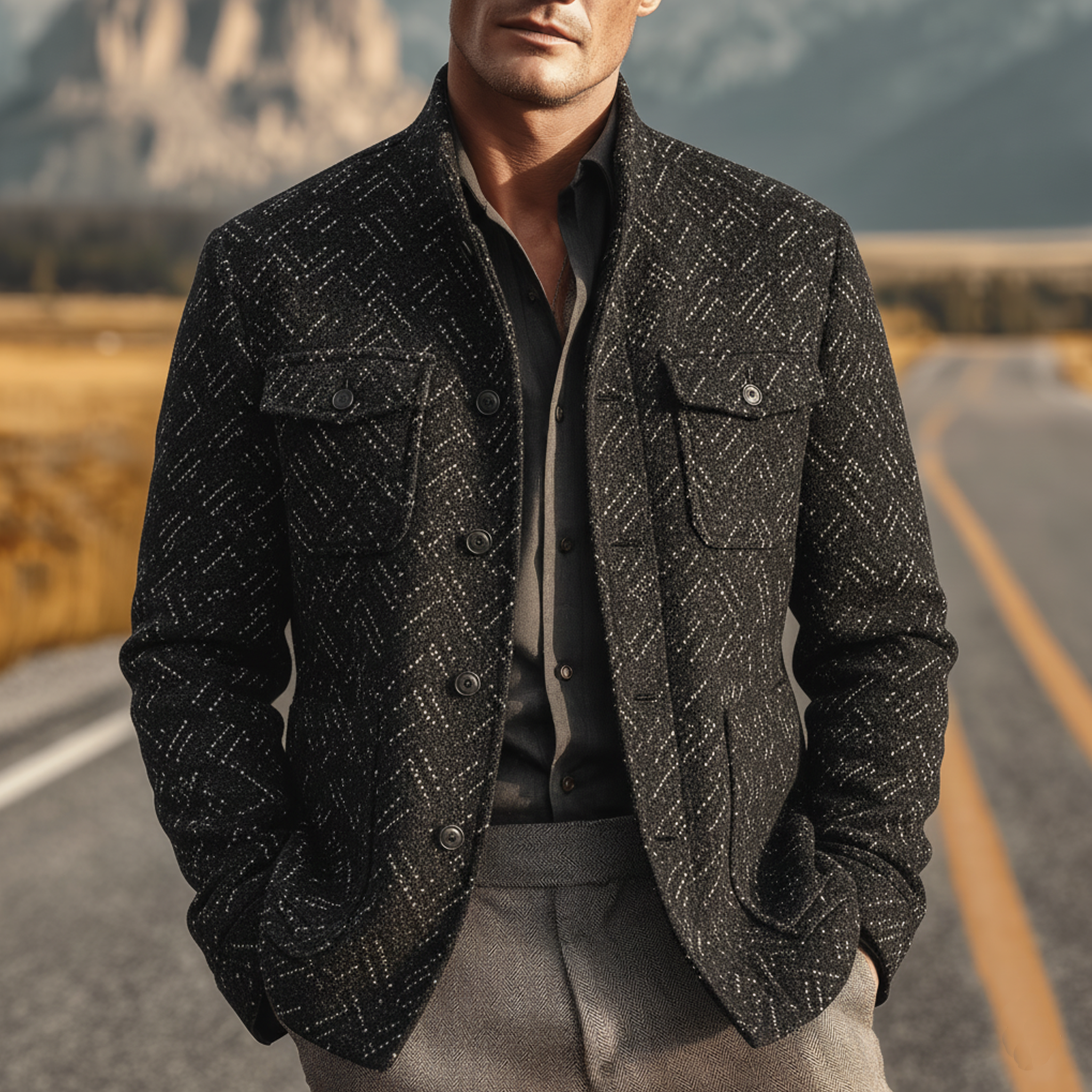 Men's Classic Light Business Stand Collar Multi-pocket Faux Textured Wool Jacket MTA2916I7K