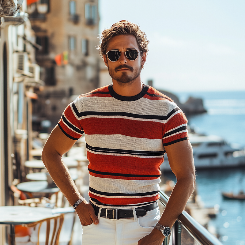 Herre Sommermote Avslappet Italiensk Siciliansk Stil Ferie Kontrastfarge Horisontalt Stripet Strikket Kortermet T-skjorte MTA1012F6K