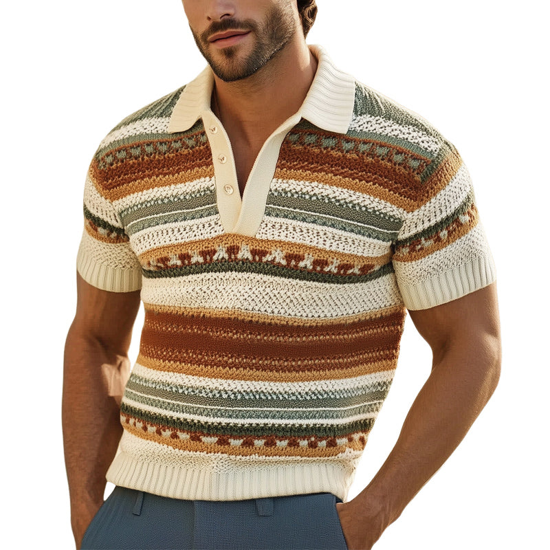 Men's Summer Fashion Colorful Striped Knitted Polo Neck T-Shirt MTA0707E1U