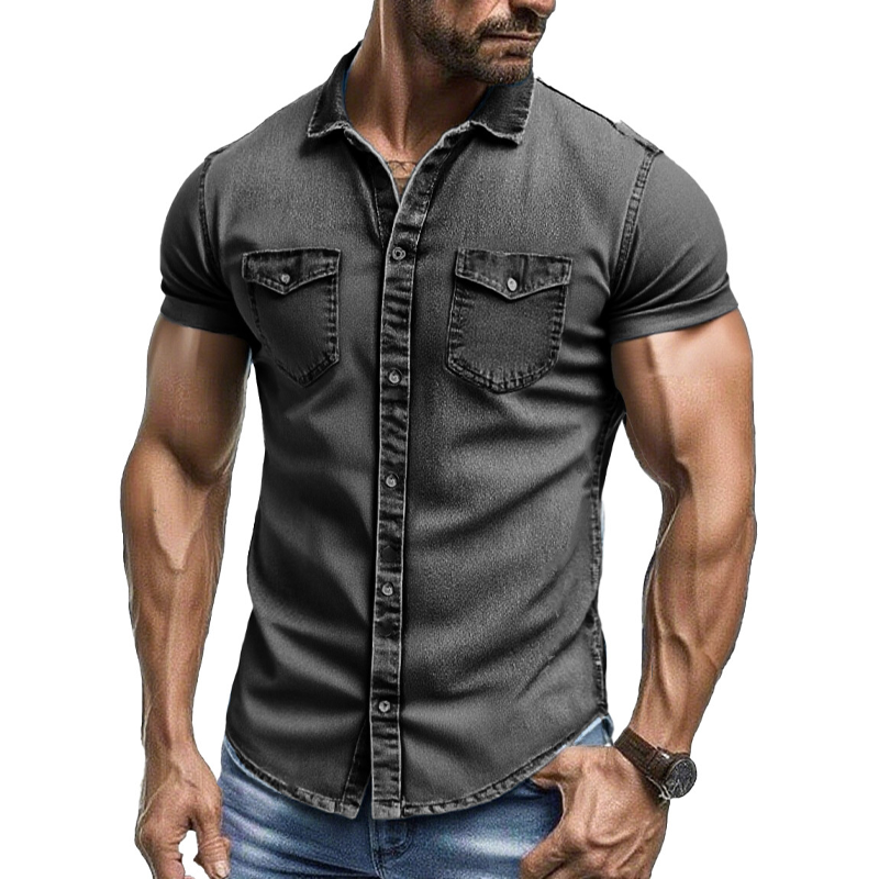 Men's Vintage Washed Short Sleeve Multi-Pocket Denim Shirt MTA2170F6X