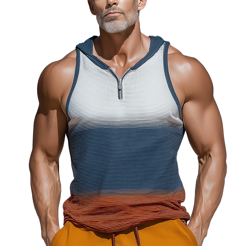 Men's Summer Fashion Striped Gradient Printed Cotton Blended Hooded Tank Top MTA1008G1P