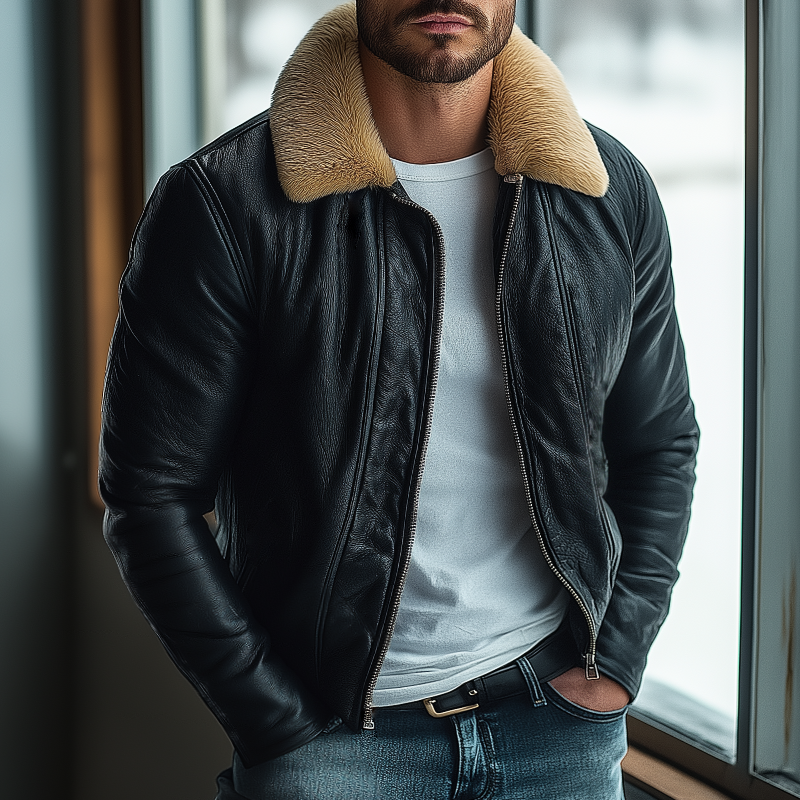 Men's Retro Casual PU Fur Collar Zipper Jacket MTA2049K1TO