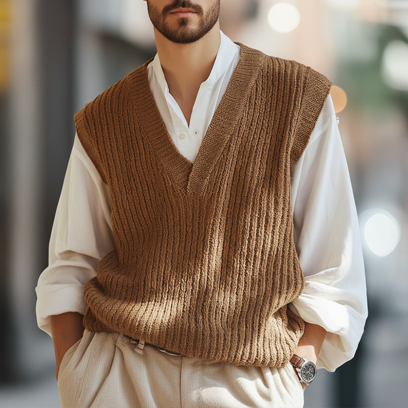 Men's Winter Simple Cotton Yarn Knitted V-Neck Vest MTA2885K7P