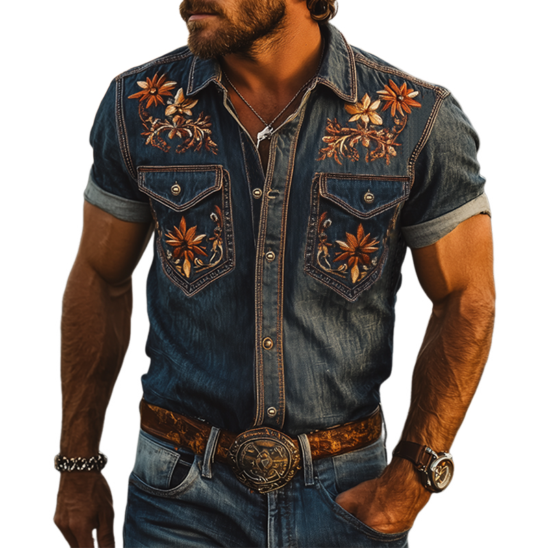Men's Summer Fashion Classic Retro Western Cowboy Style Embroidered Denim Short-sleeved Shirt MTA2898D2K