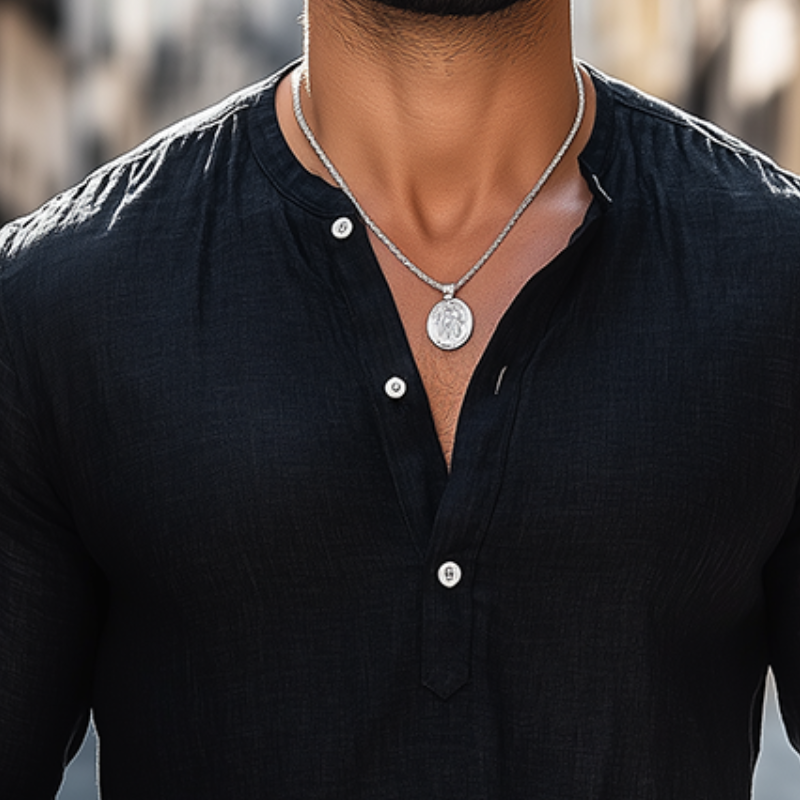 Men's Retro Casual Solid Color Cotton Linen Henley Collar Long Sleeve Shirt MTZ1118B8TO