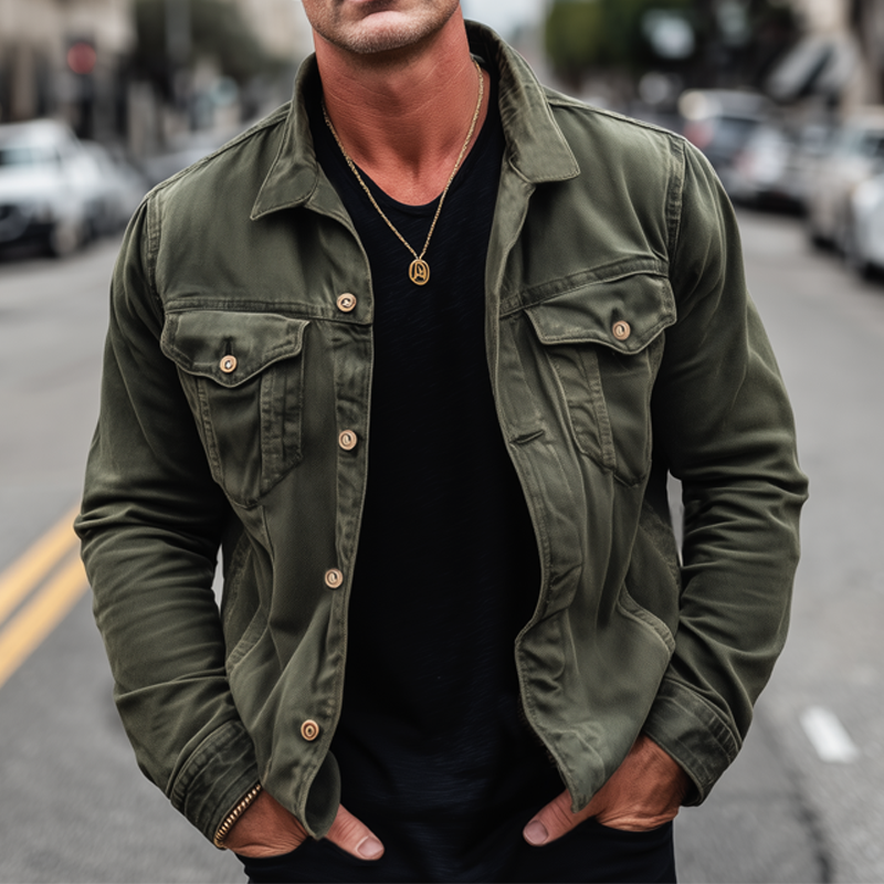 Men's Vintage Distressed Army Green Button-down Lapel Jacket MTA1854H3U
