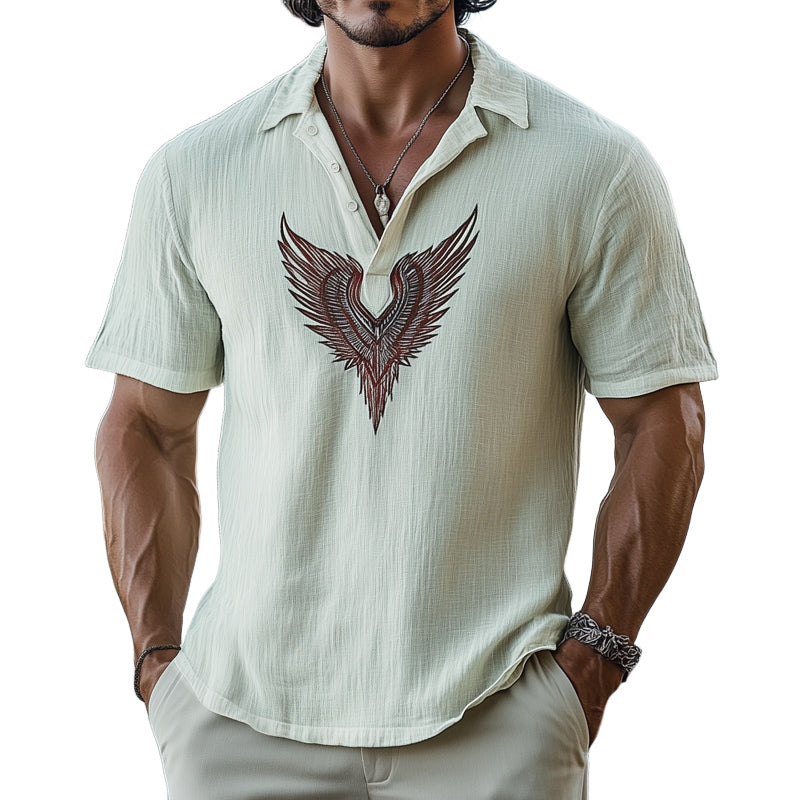 Men's Summer V-neck Retro Embroidered Short Sleeve T-shirt MTA0636E3U