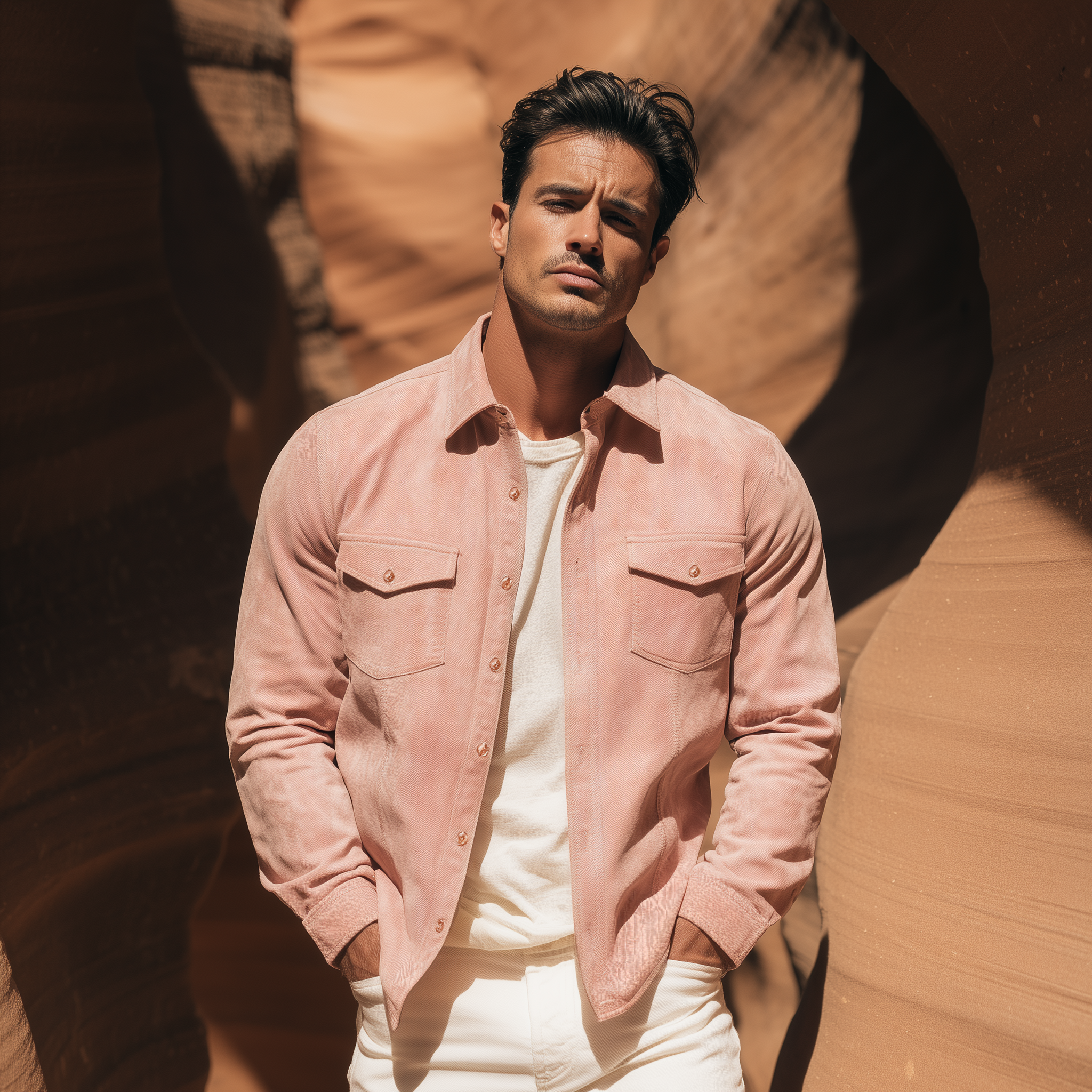 Men's Classic Casual Pink Suede Slim-fit Long-sleeved Shirt MTA2251H4K
