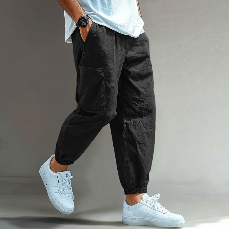 Men's Casual Solid Color Breathable Cotton Linen Blend Elastic Waist Multi-Pocket Cuffed Pants MTA2196G0M