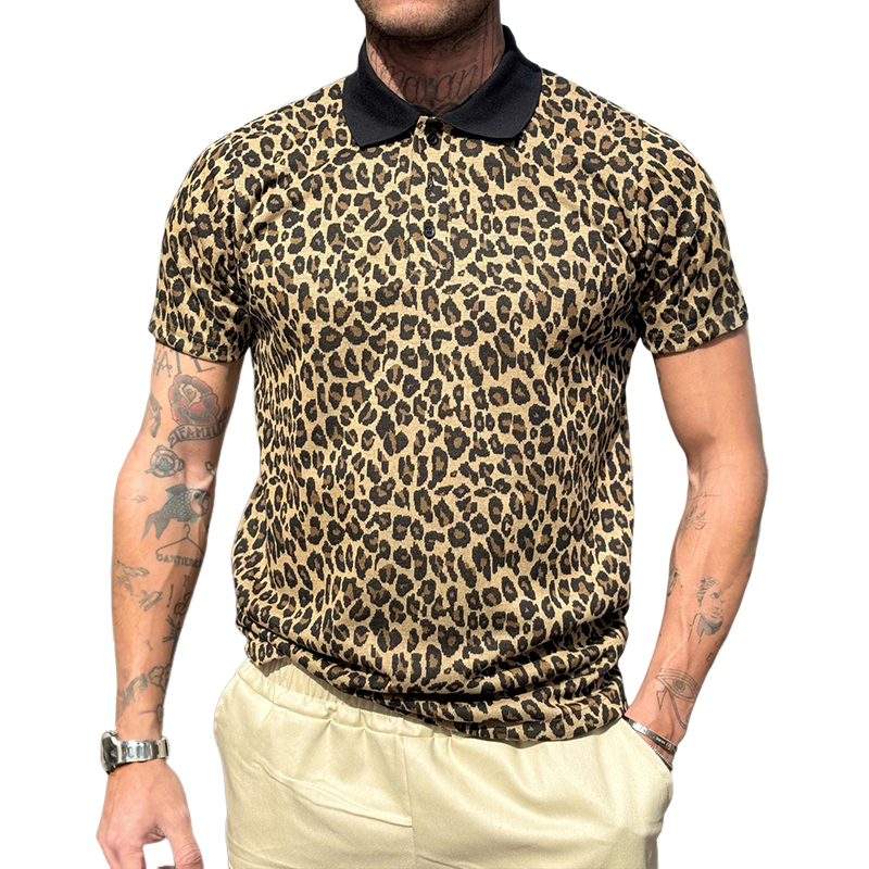 Men's Retro Casual Leopard Print Lapel Short Sleeve Polo Shirt MTA2144G1TO