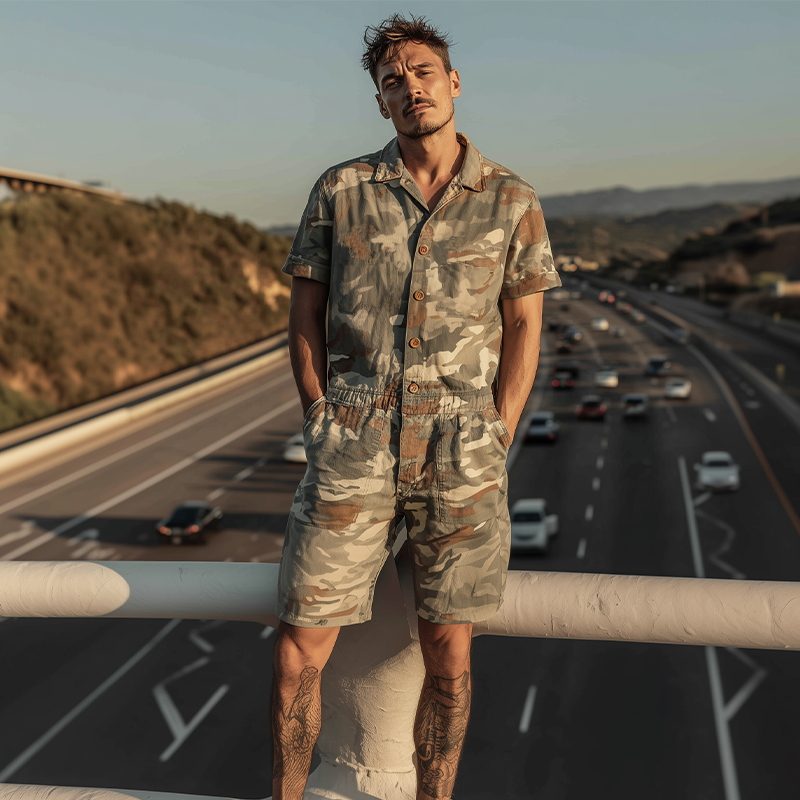 Men's Spring And Summer Fashion Casual Camouflage Cotton Blended Short Sleeve Shirt-style Jumpsuit MTA1007G4K