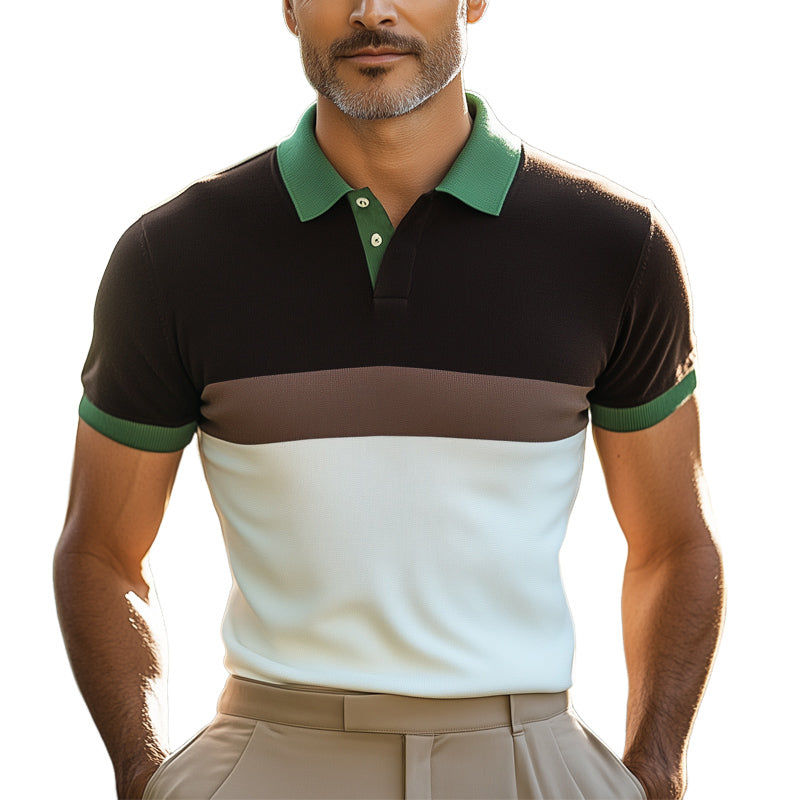 Men's Summer Classic Colorblock Polo Neck Knitted Short Sleeve T-Shirt MTA2419E5U