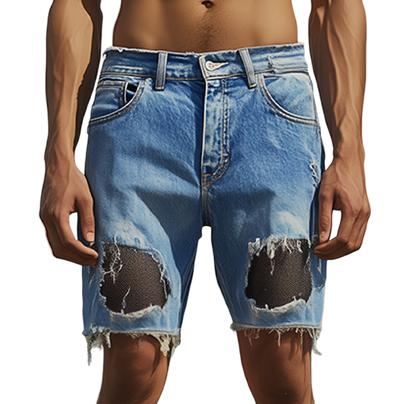 Men's Spring And Summer Fashion Casual Denim Washed Splicing Mesh Fabric Raw Edge Shorts MTA2722F1K
