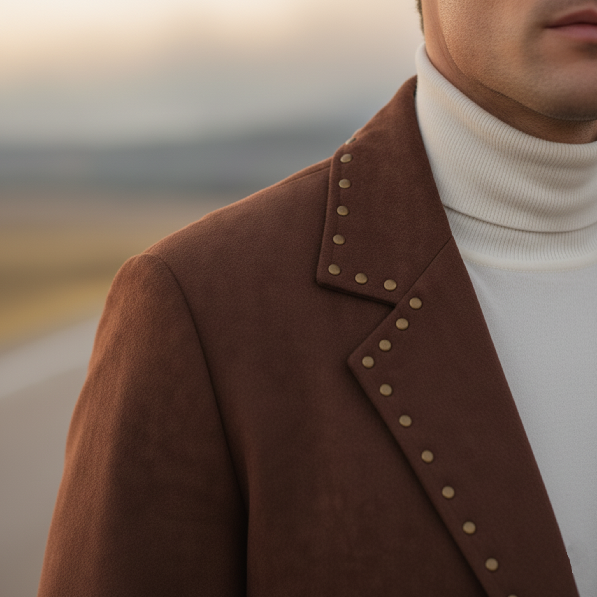 Men's Classic Retro Western Style Stand-up Collar Metal Studded Faux Suede Blazer MTA1026K3K