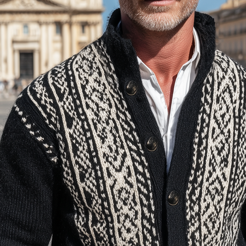 Men's Classic Stand Collar Colorblock Jacquard Button Knit Cardigan MTA1066I7U
