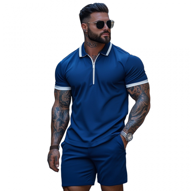 Men's Casual Cotton Blended Colorblock Zipper Lapel Short Sleeve Polo Shirt Elastic Waist Shorts Set MTA2606E7M