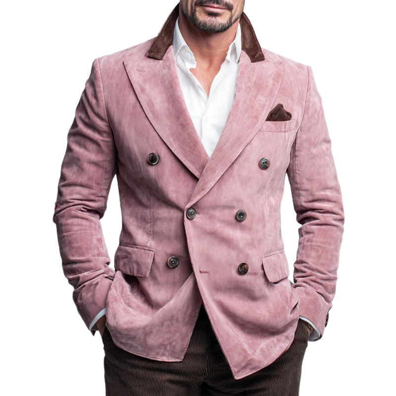 Men's Vintage Faux Suede Contrast Color Double Breasted Blazer MTA1965I0X
