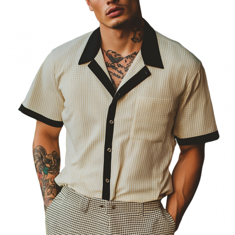 Men's Casual Cotton Blend Plaid Patchwork Slim Fit Short Sleeve Shirt MTA2830D1M