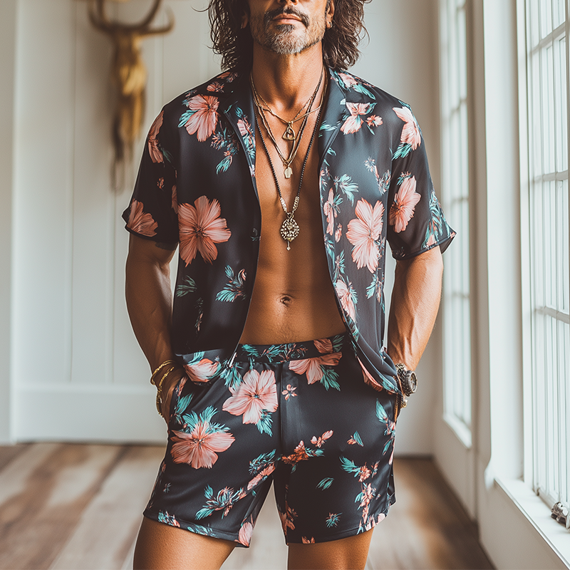 Men's Summer Fashion Floral Print Imitation Silk Short Sleeve Shirt Shorts Set MTA1741F2P
