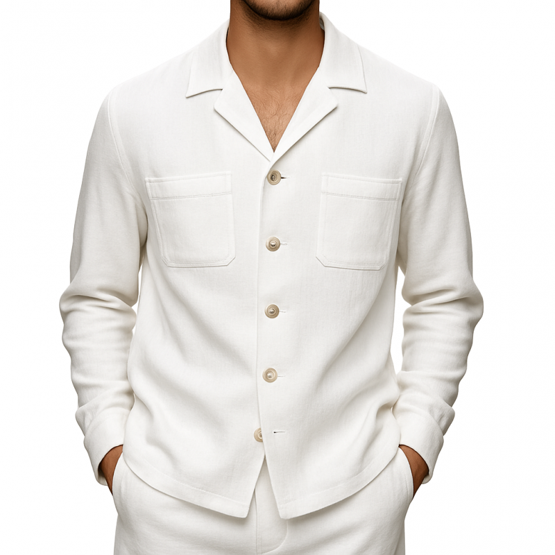 Men's Casual Breathable Cotton Linen Notched Lapel Single Breasted Patch Pocket Loose Long Sleeve Shirt MTA1248E2M