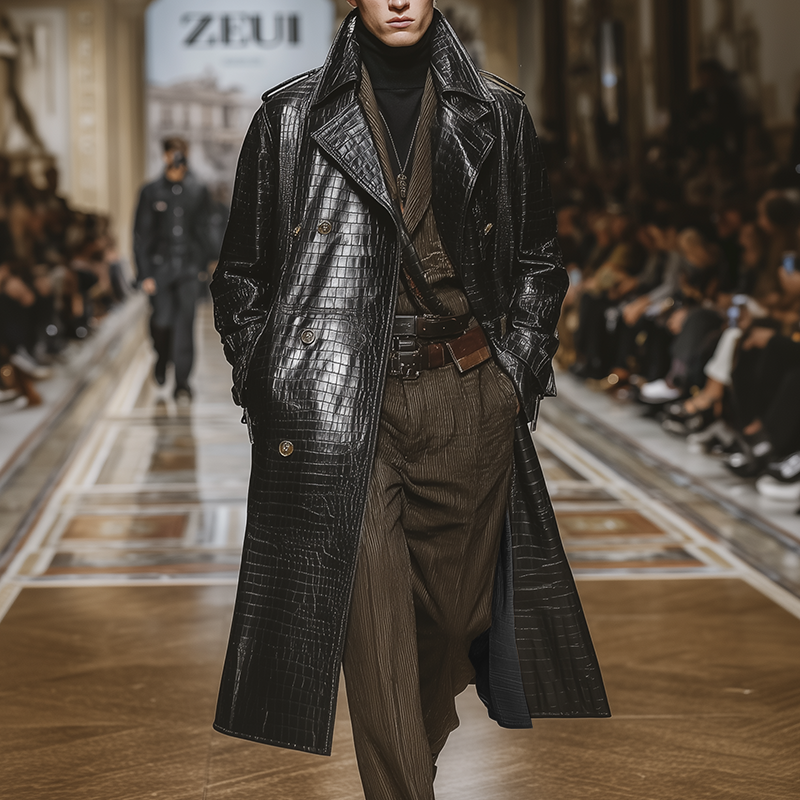 Men's Winter Retro Crocodile Pattern Shiny PU Long Coat MTA1432J7P