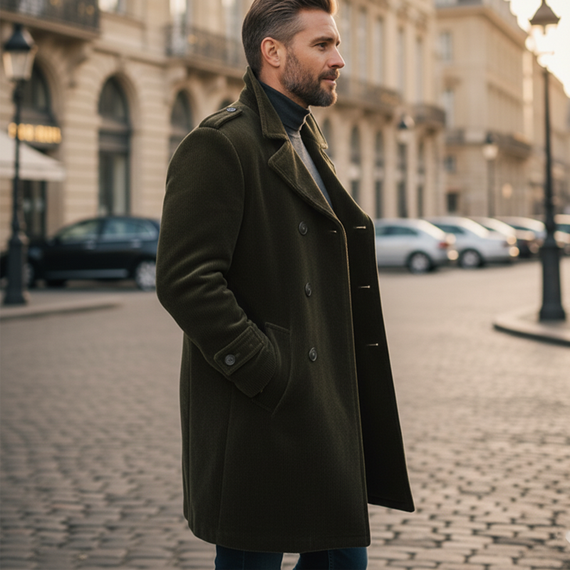 Men's Retro Classic Army GreenNotched Lapel Double-Breasted Corduroy Coat MTA3114J2U