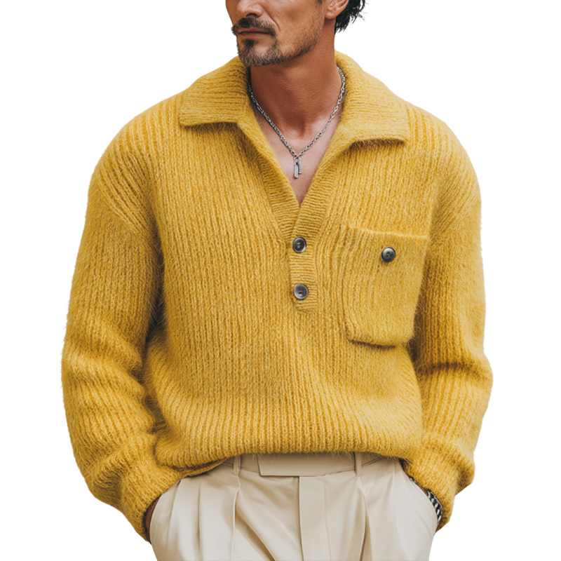 Men's Classic Elegant Mustard Yellow V-Neck Knit Sweater MTA1043L6U